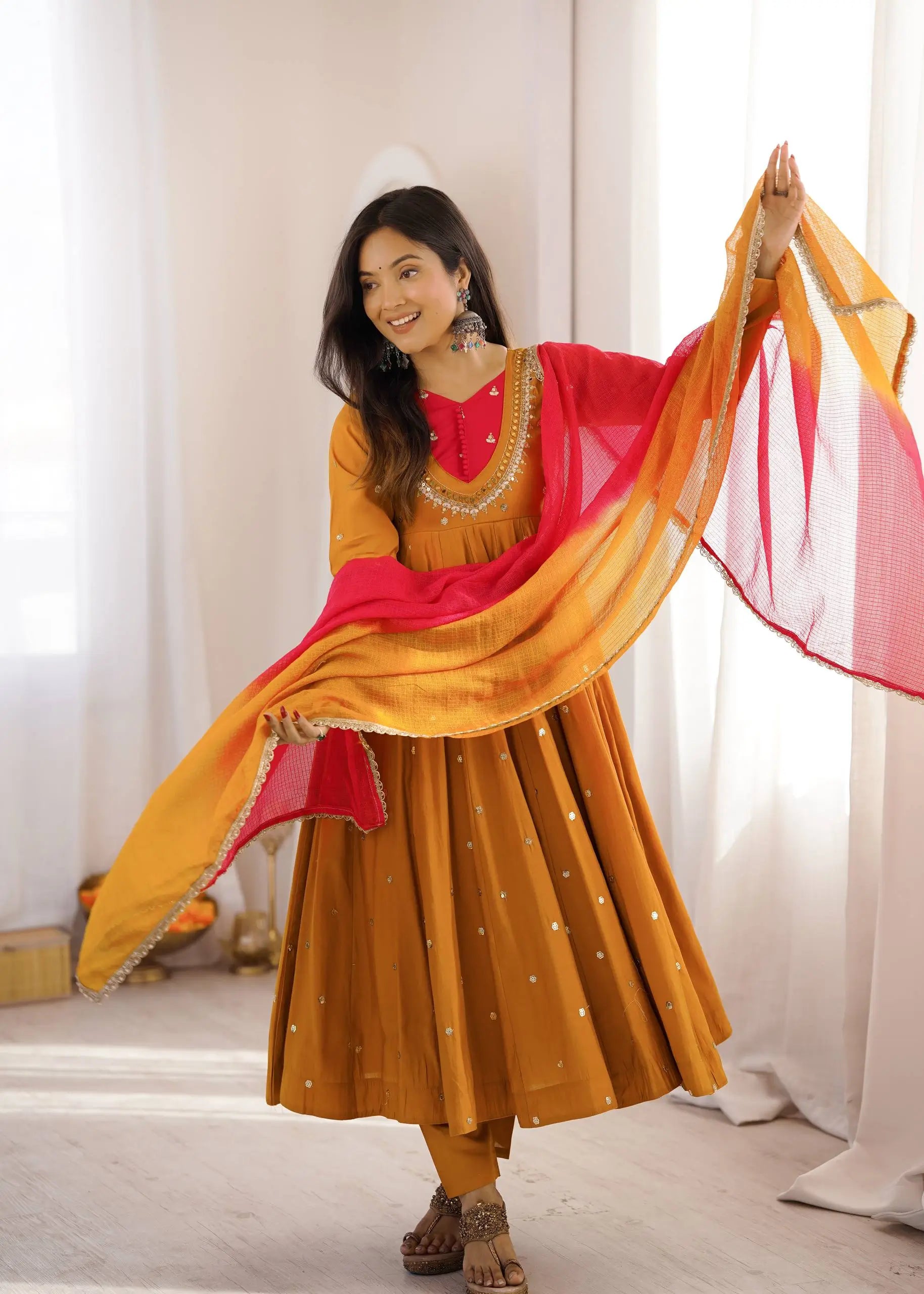 Roman Silk Anarkali Set with Mirror Work