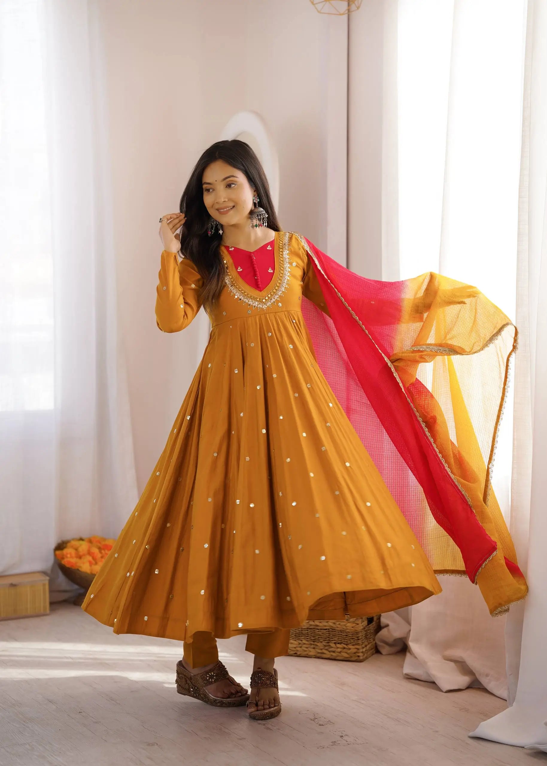 Roman Silk Anarkali Set with Mirror Work