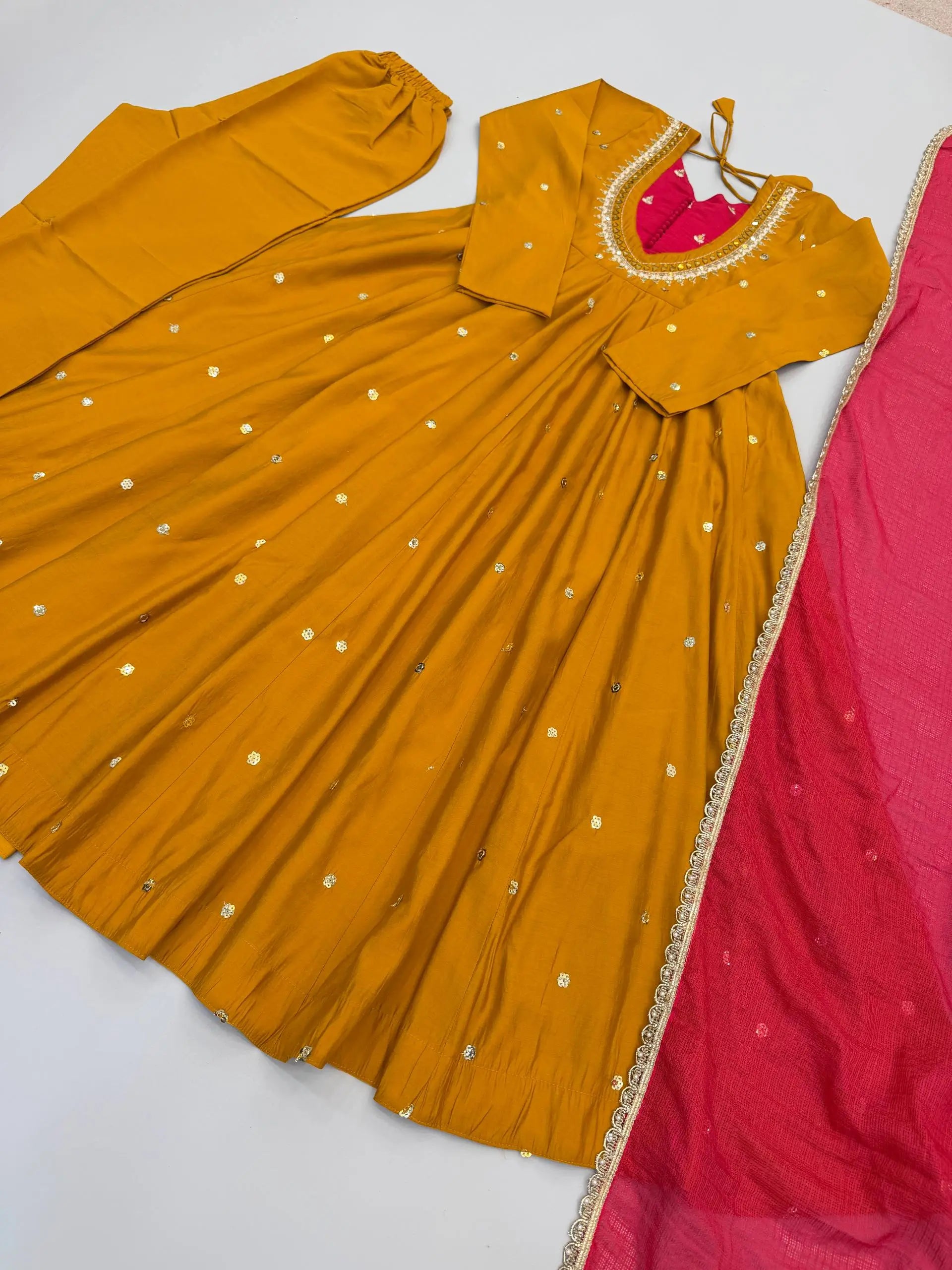 Roman Silk Anarkali Set with Mirror Work