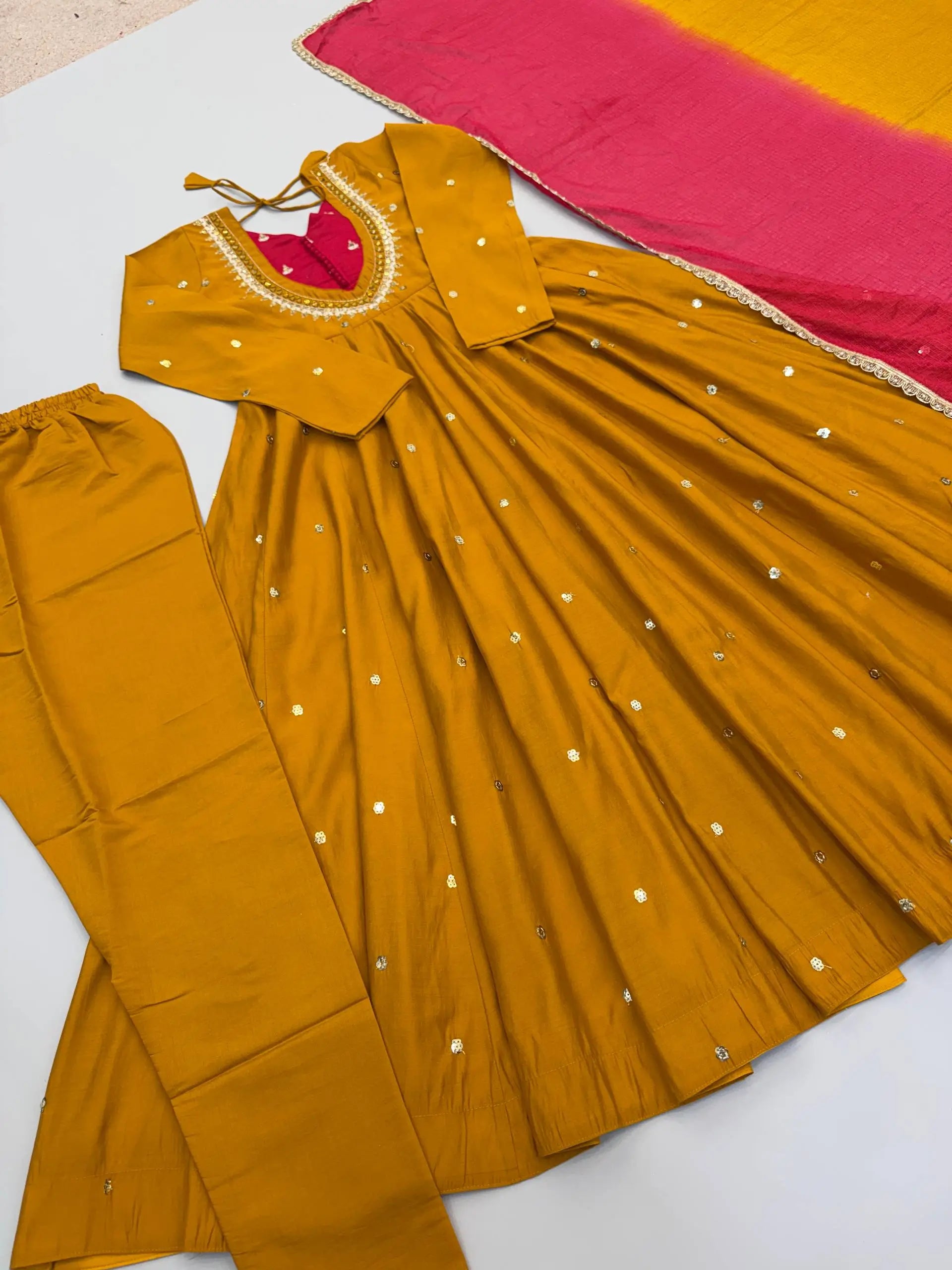 Roman Silk Anarkali Set with Mirror Work