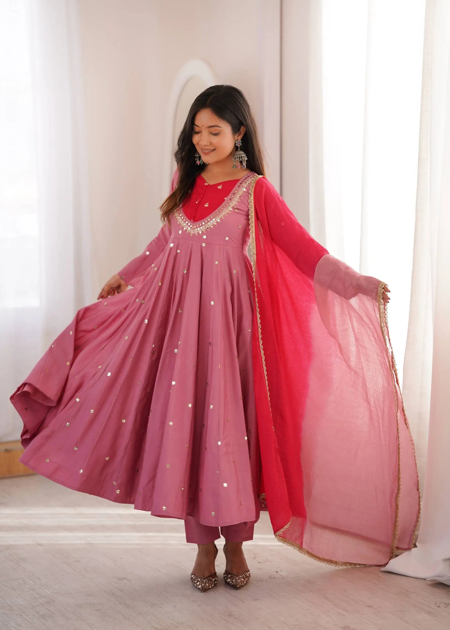 Roman Silk Anarkali Set with Mirror Work