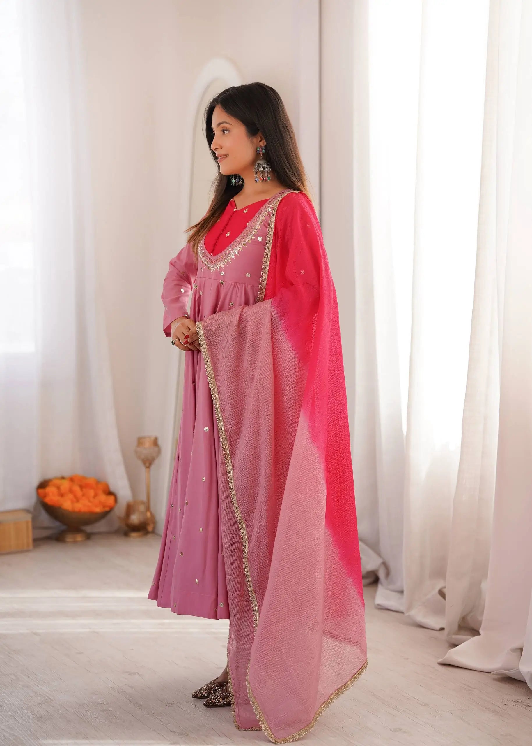 Roman Silk Anarkali Set with Mirror Work