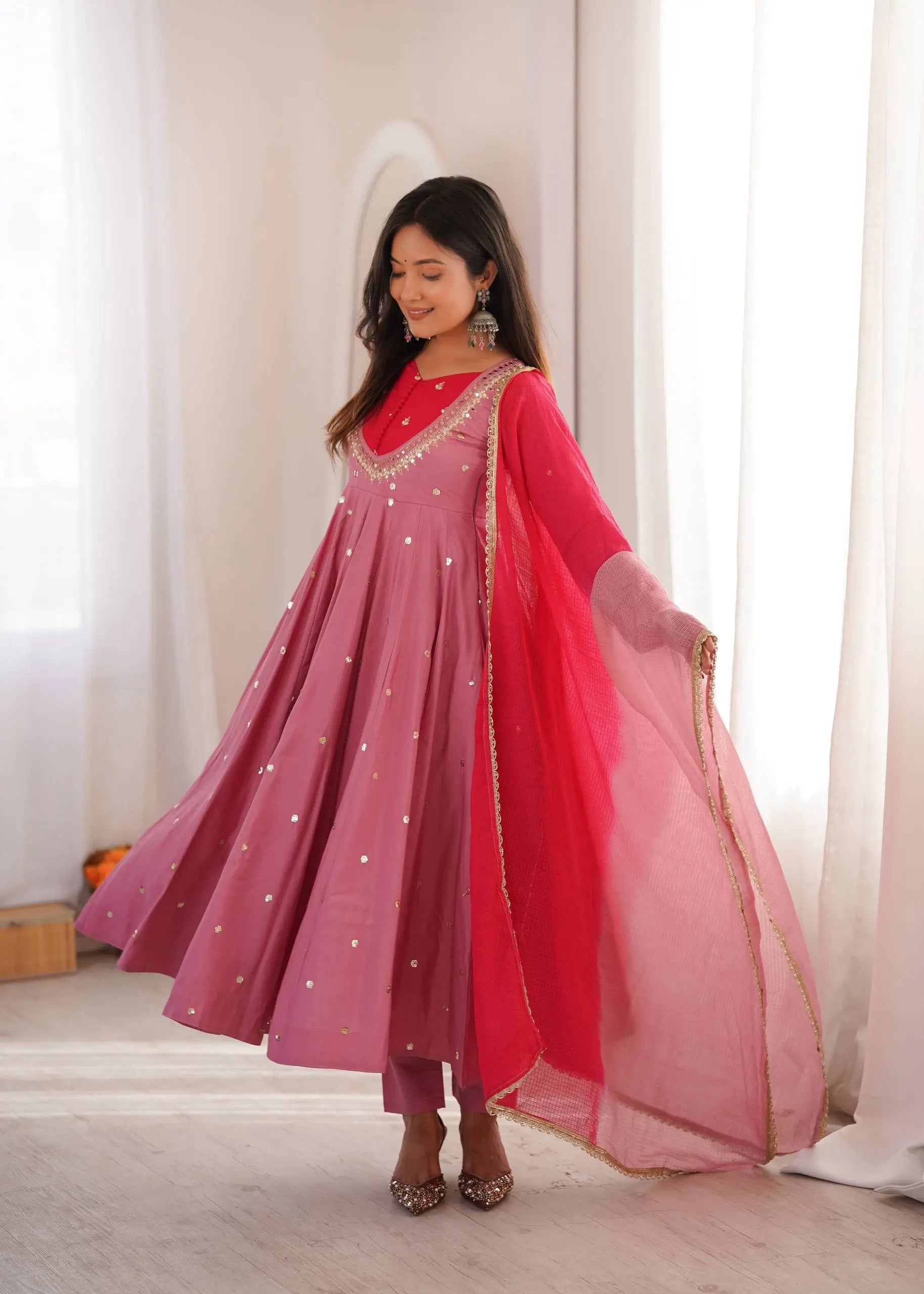 Roman Silk Anarkali Set with Mirror Work