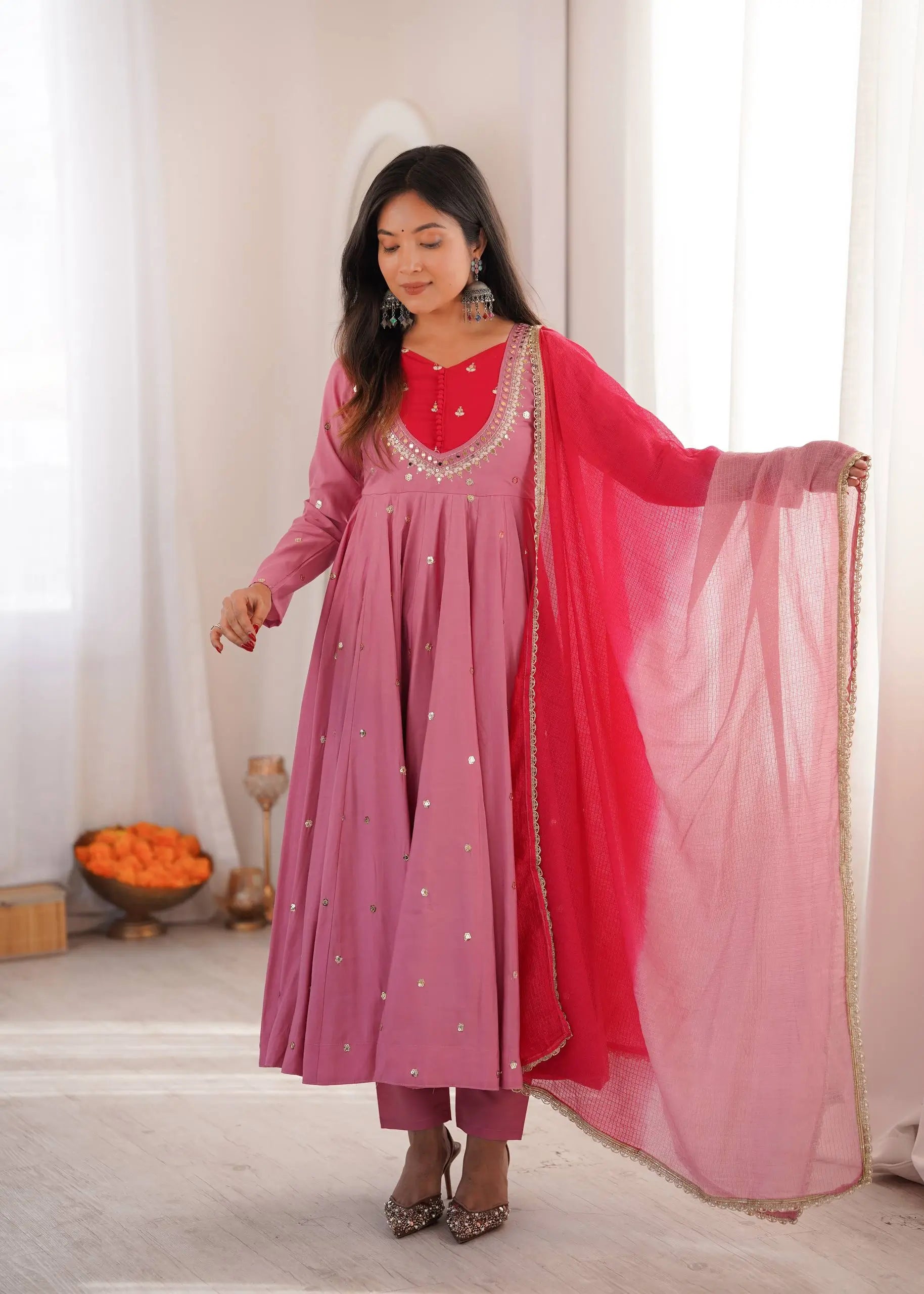 Roman Silk Anarkali Set with Mirror Work