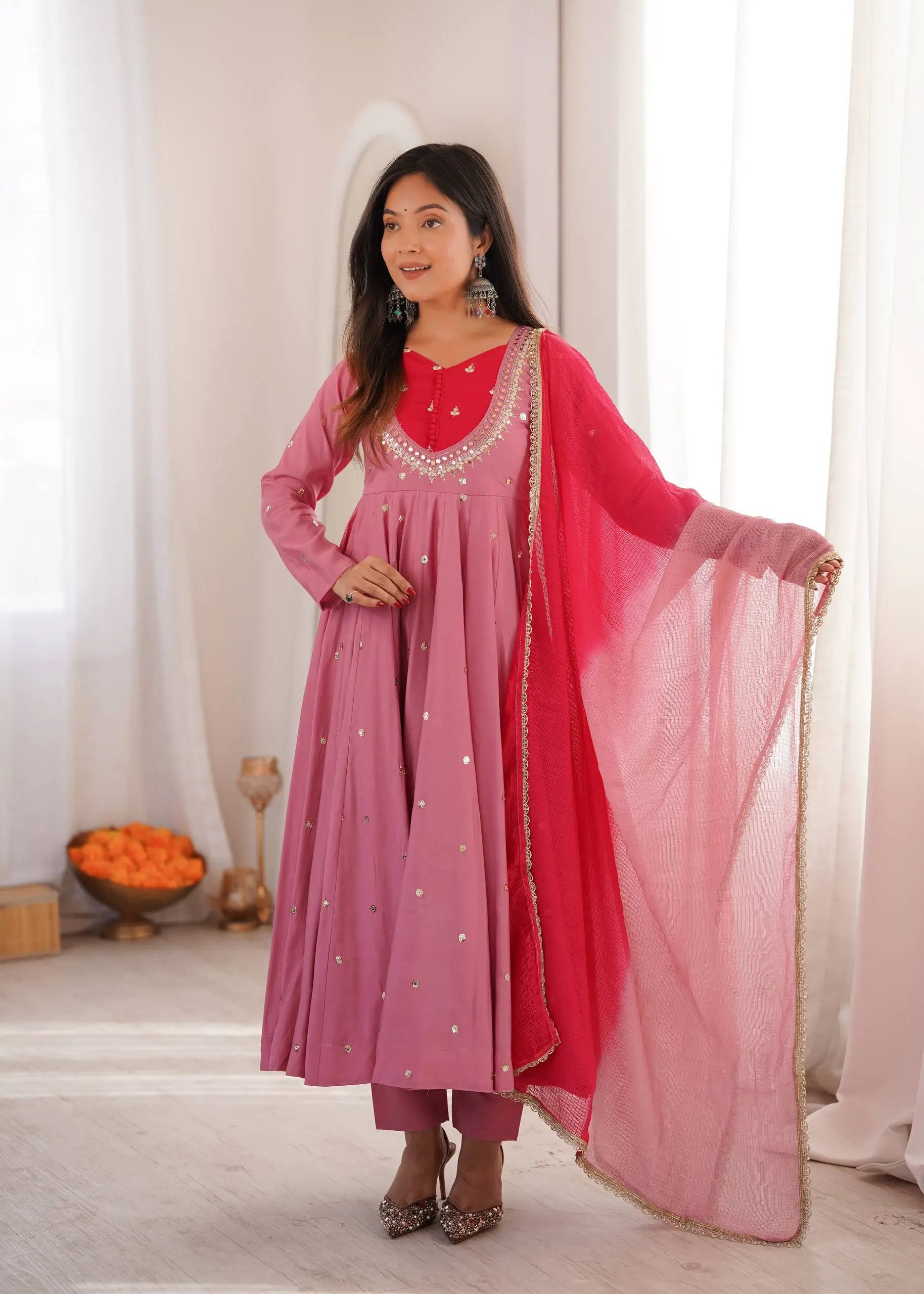 Roman Silk Anarkali Set with Mirror Work