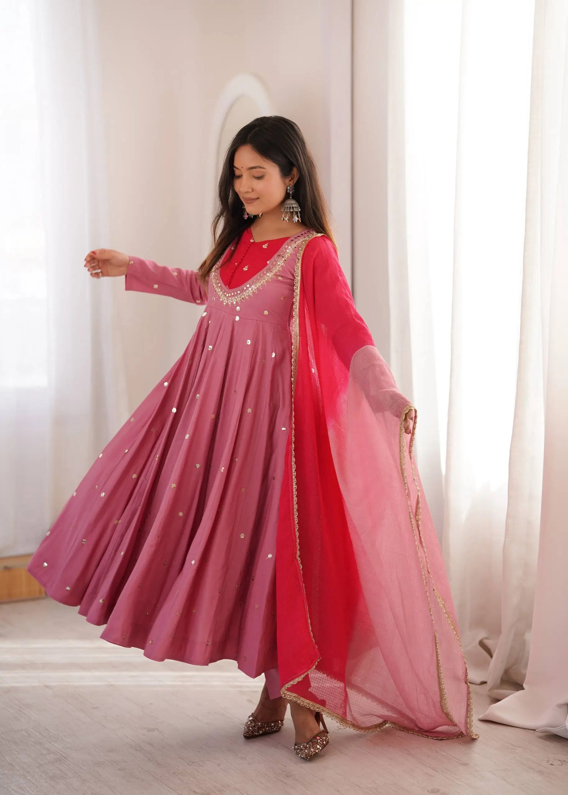 Roman Silk Anarkali Set with Mirror Work