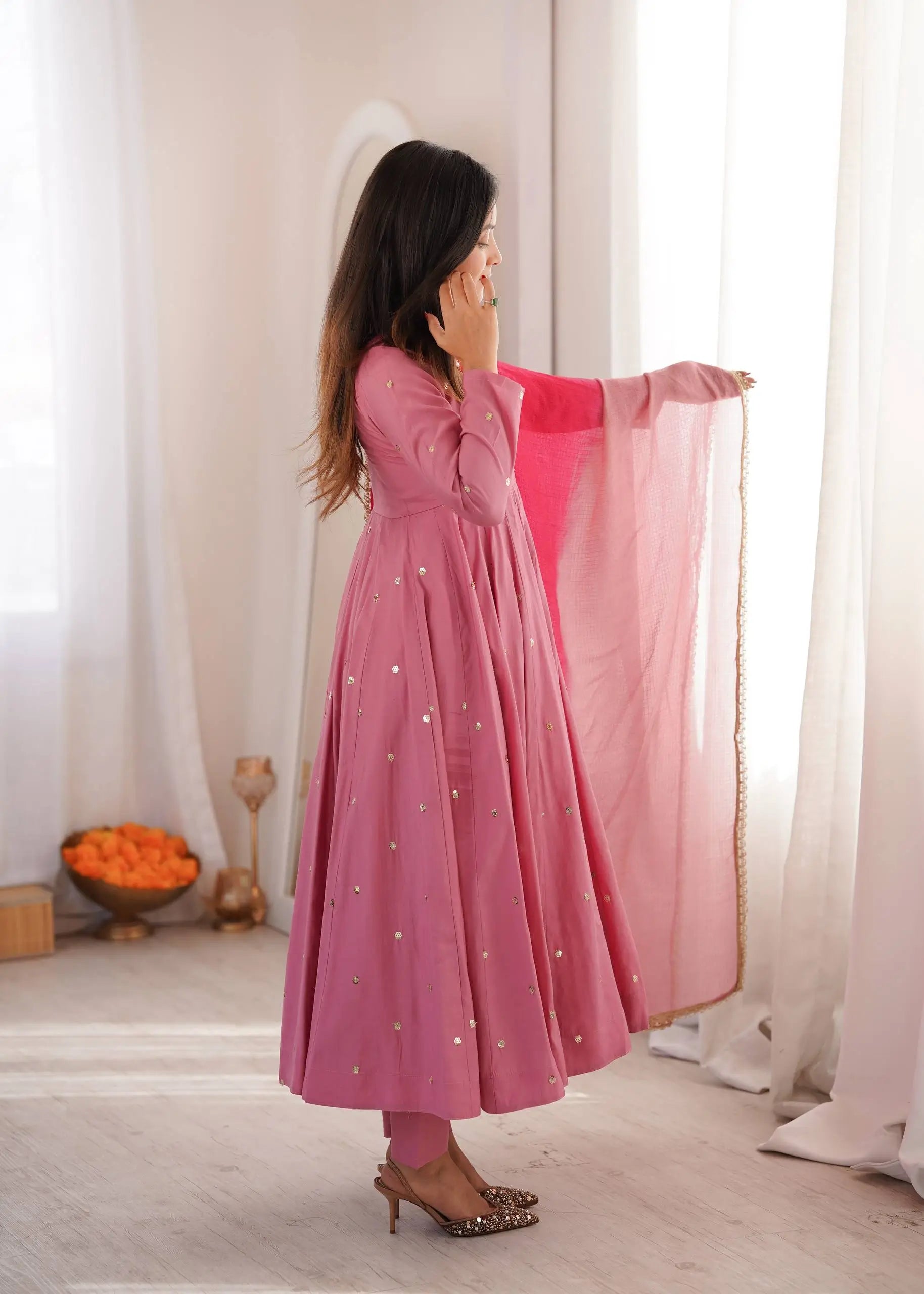 Roman Silk Anarkali Set with Mirror Work