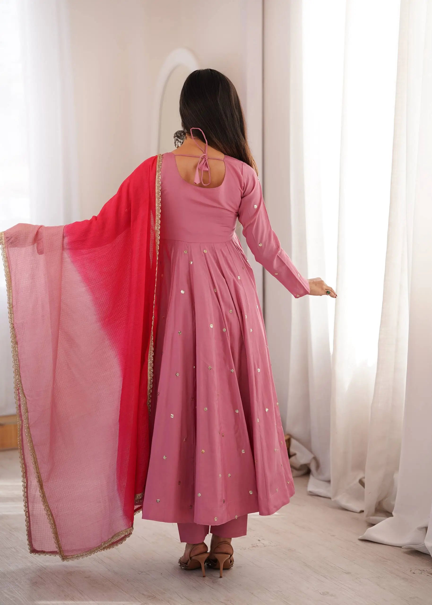 Roman Silk Anarkali Set with Mirror Work