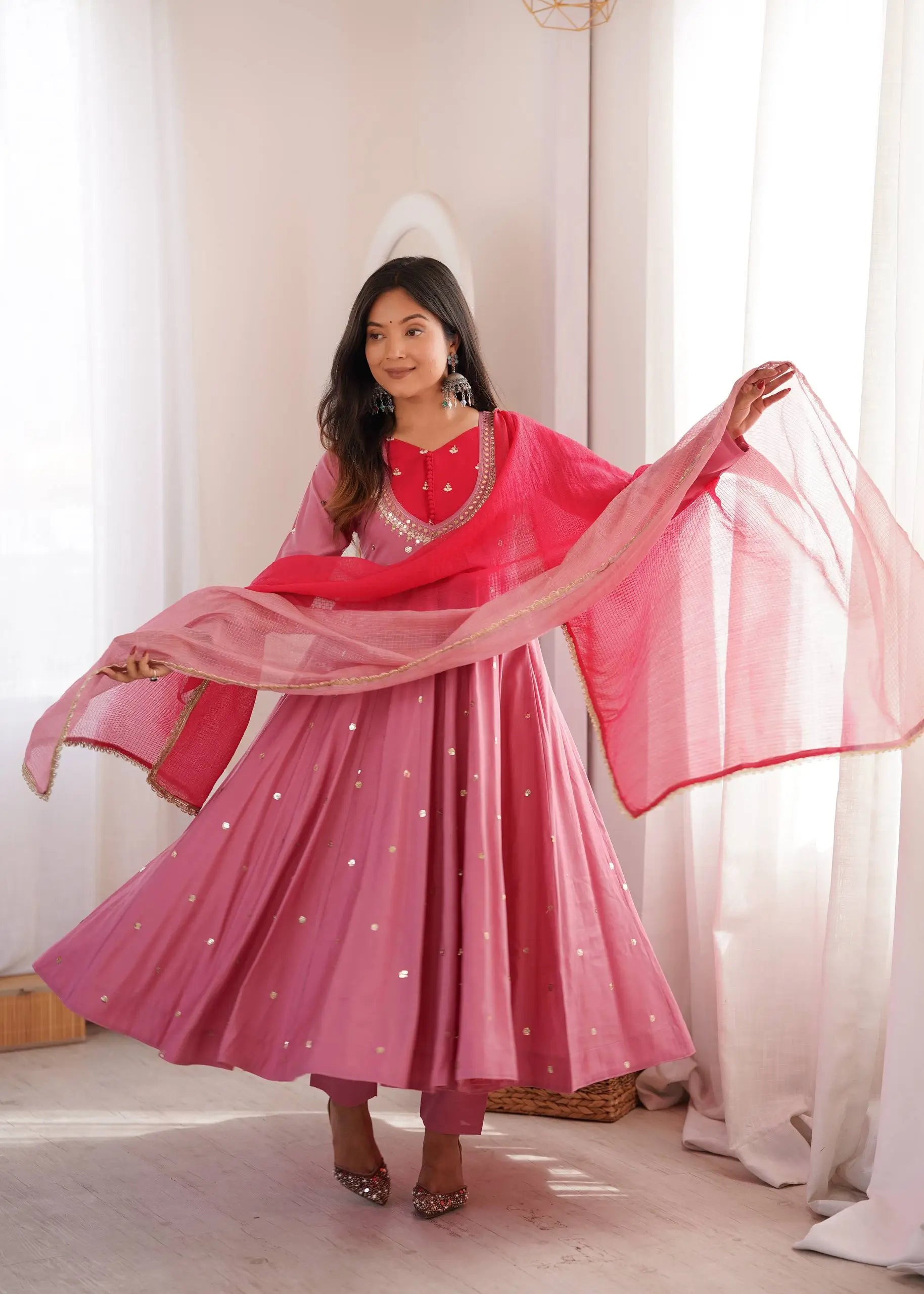 Roman Silk Anarkali Set with Mirror Work