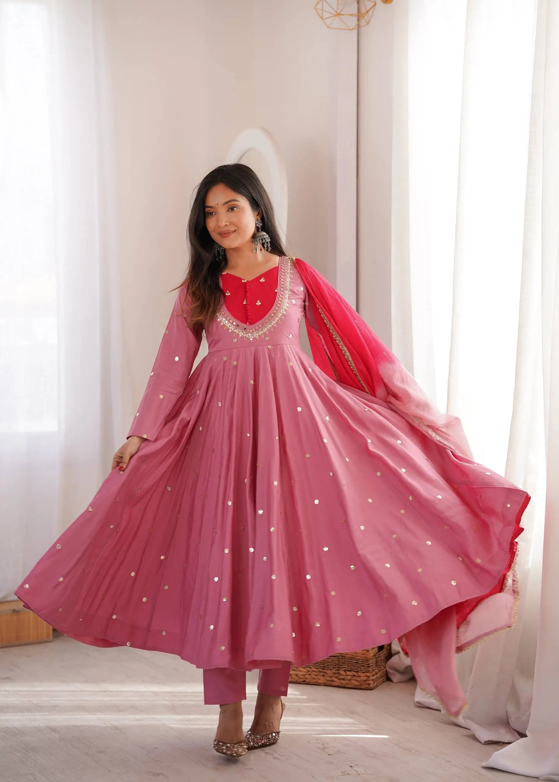 Roman Silk Anarkali Set with Mirror Work