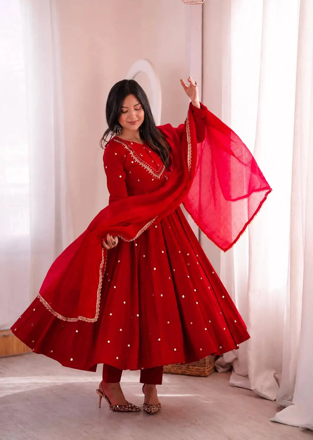 Roman Silk Anarkali Set with Mirror Work