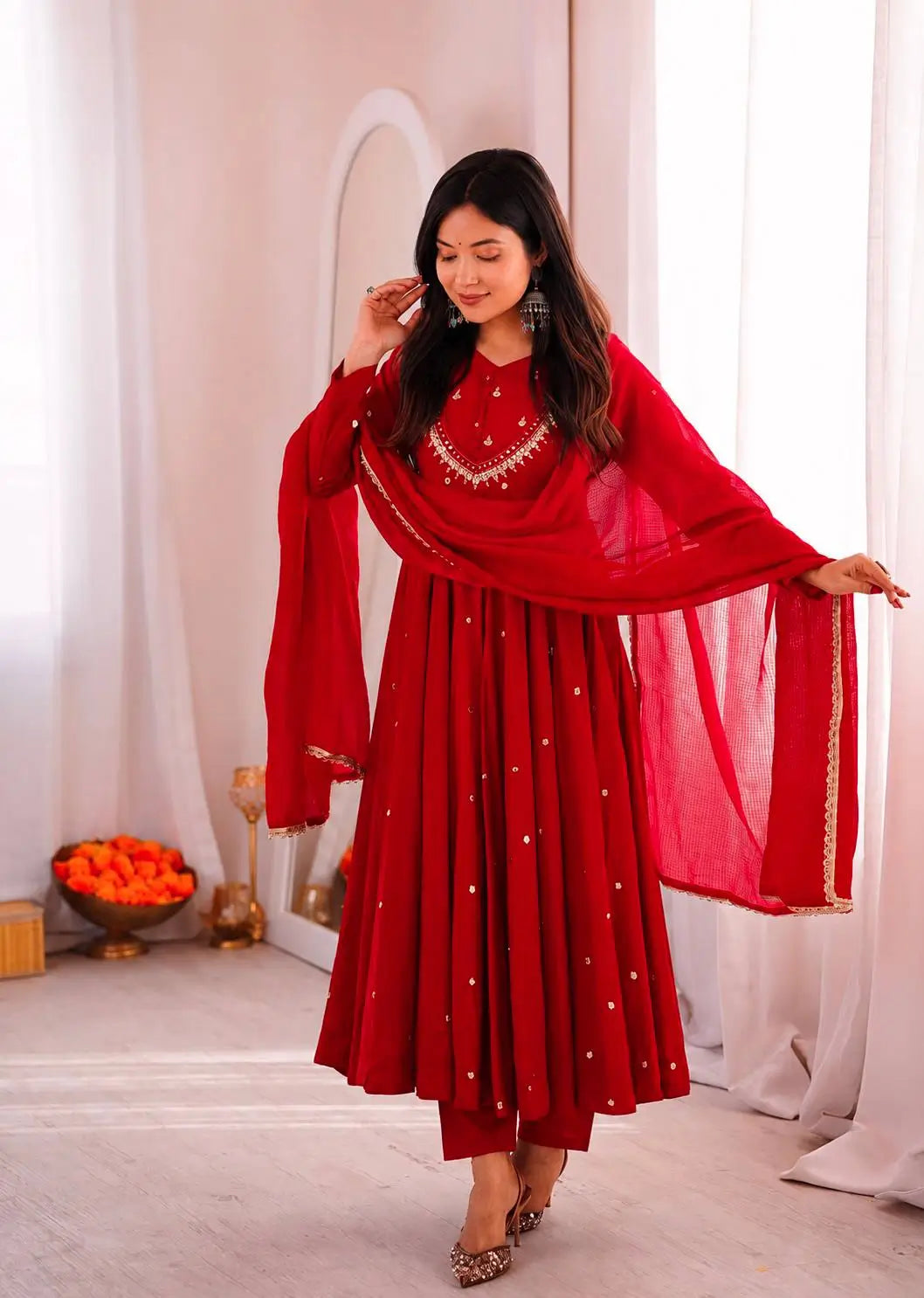 Roman Silk Anarkali Set with Mirror Work