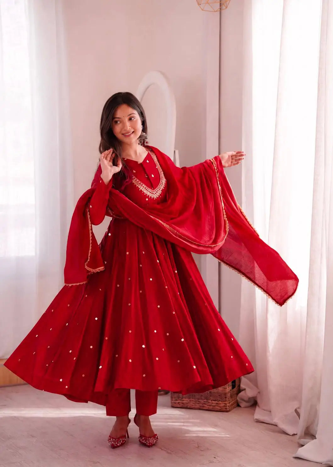Roman Silk Anarkali Set with Mirror Work