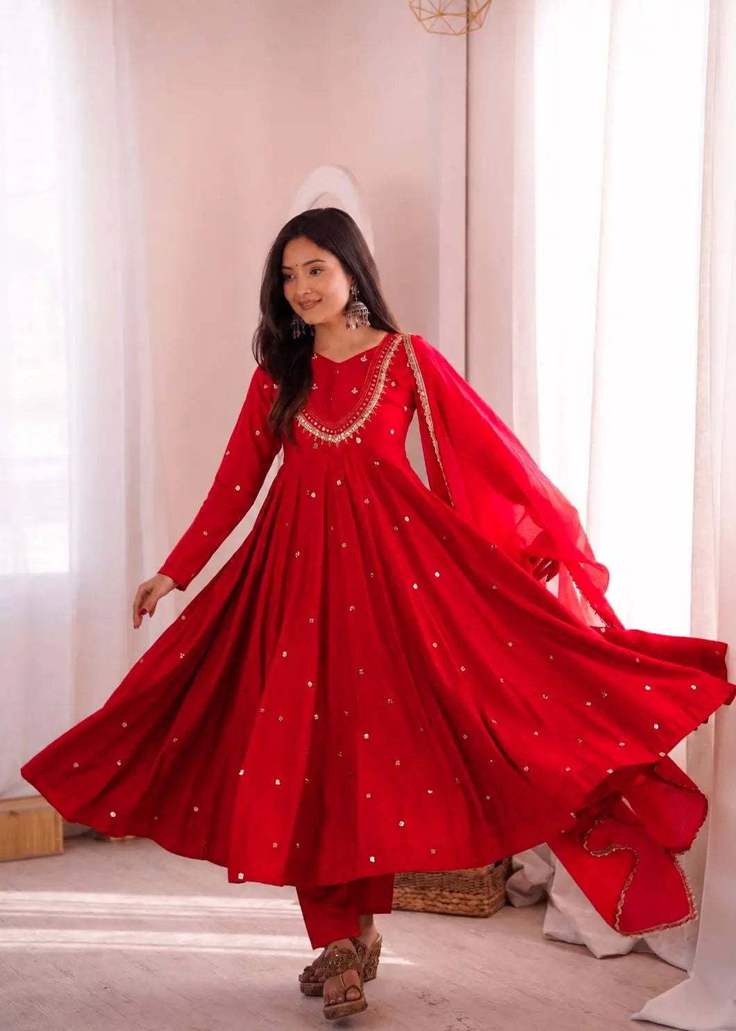 Roman Silk Anarkali Set with Mirror Work