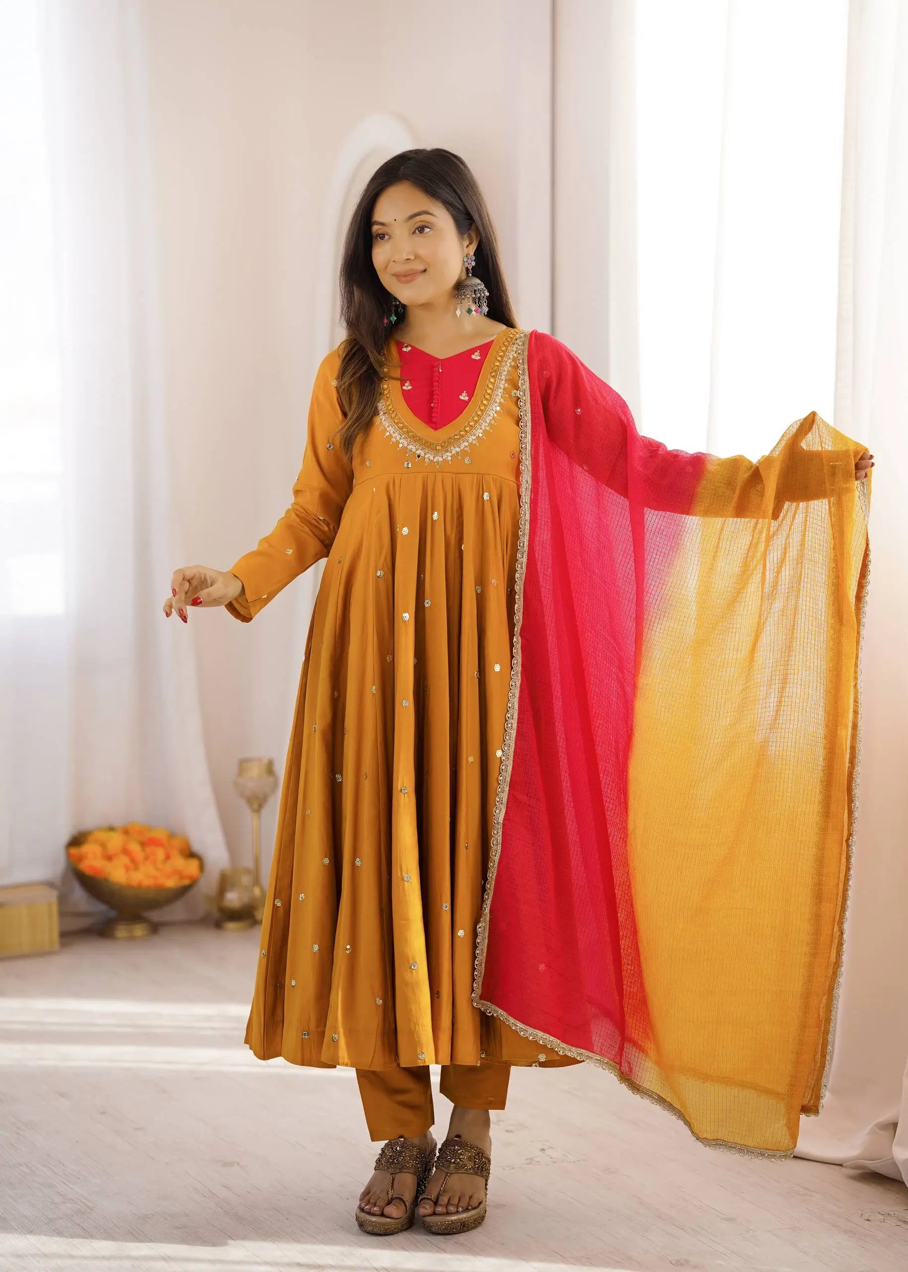 Roman Silk Anarkali Set with Mirror Work