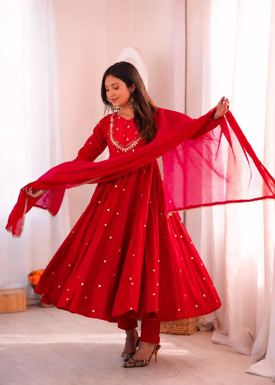 Roman Silk Anarkali Set with Mirror Work