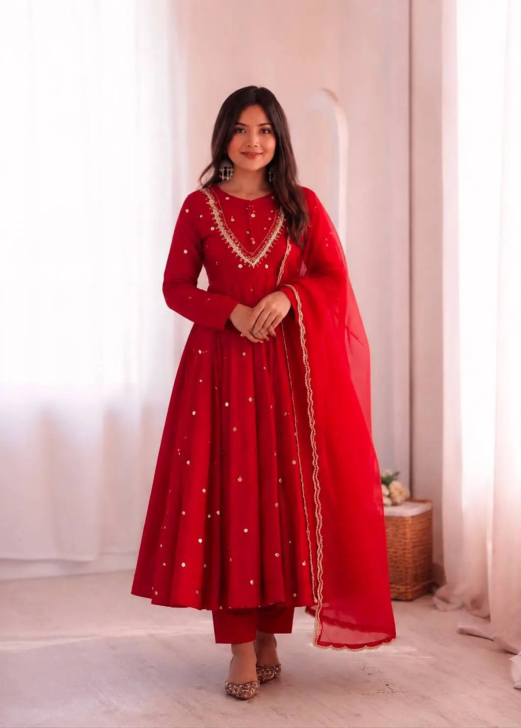 Roman Silk Anarkali Set with Mirror Work