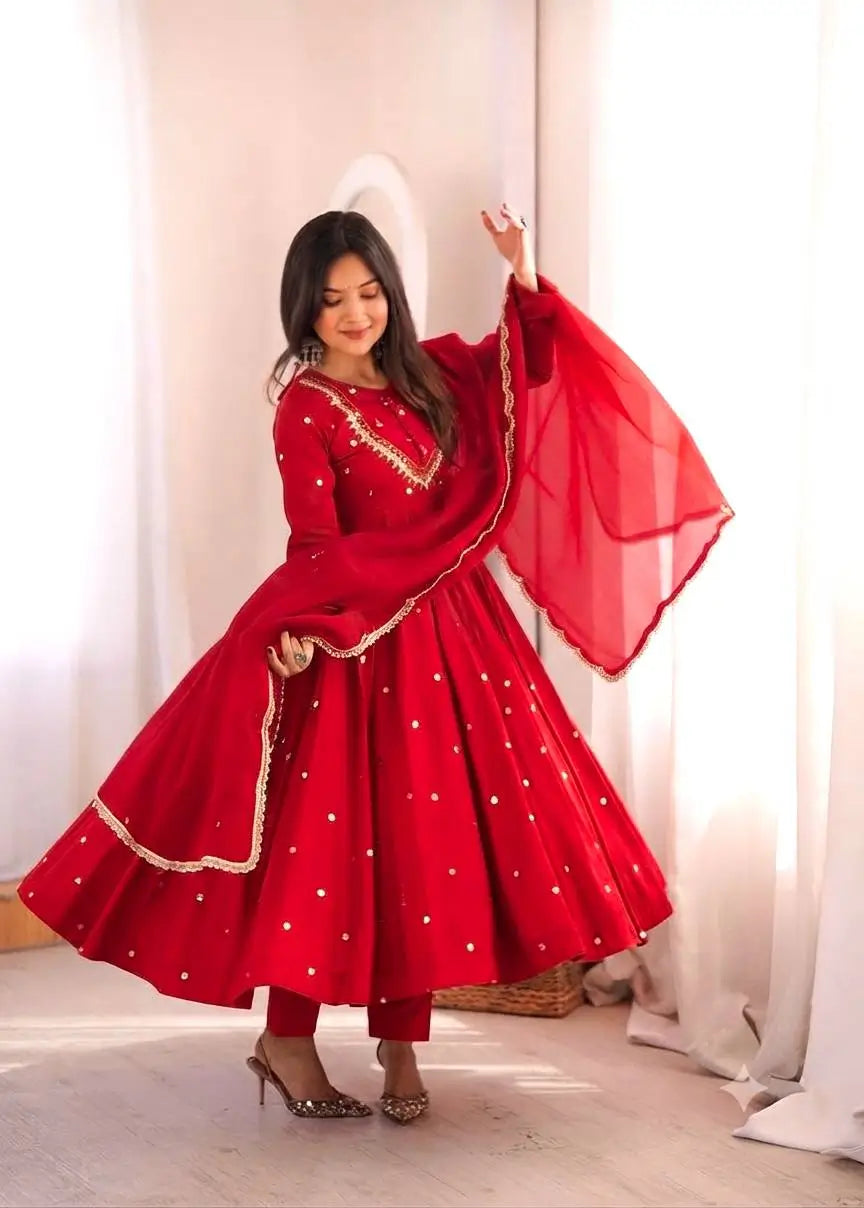 Roman Silk Anarkali Set with Mirror Work