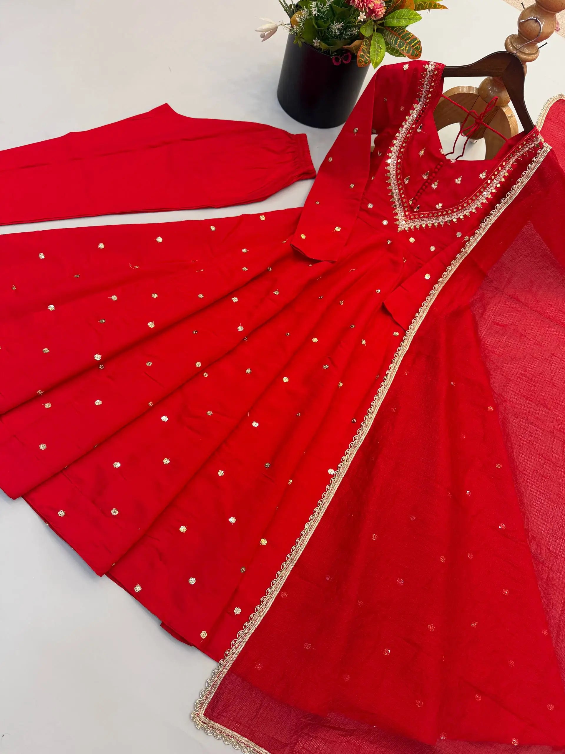 Roman Silk Anarkali Set with Mirror Work