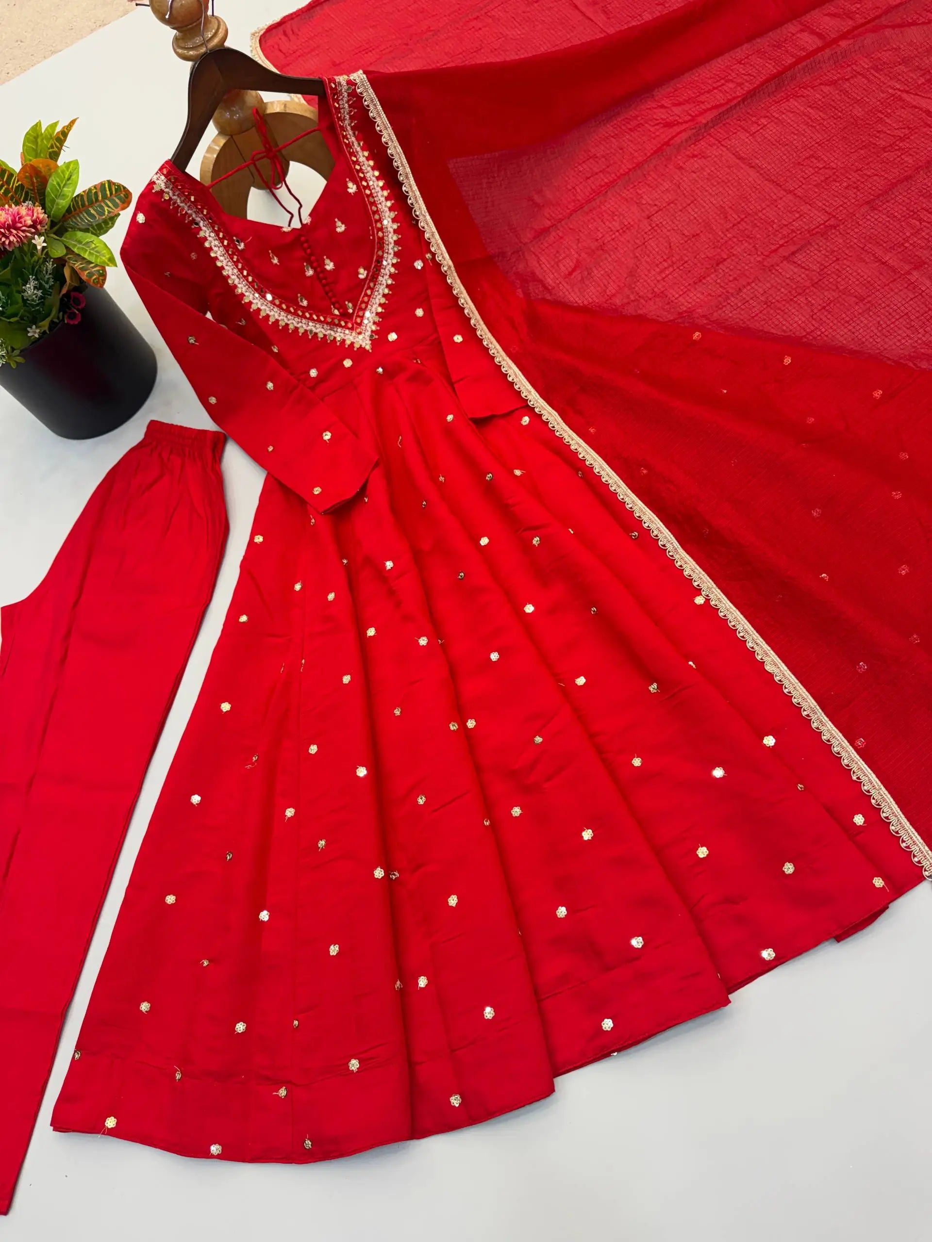 Roman Silk Anarkali Set with Mirror Work