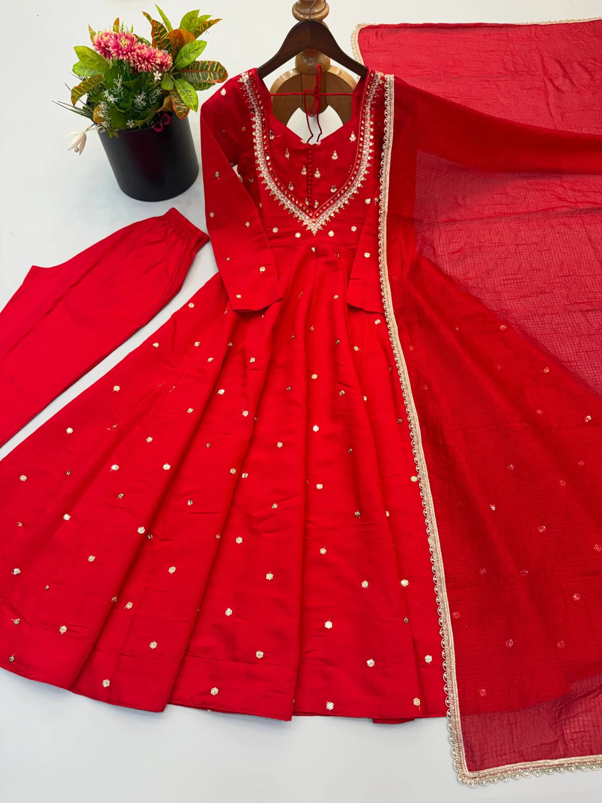 Roman Silk Anarkali Set with Mirror Work