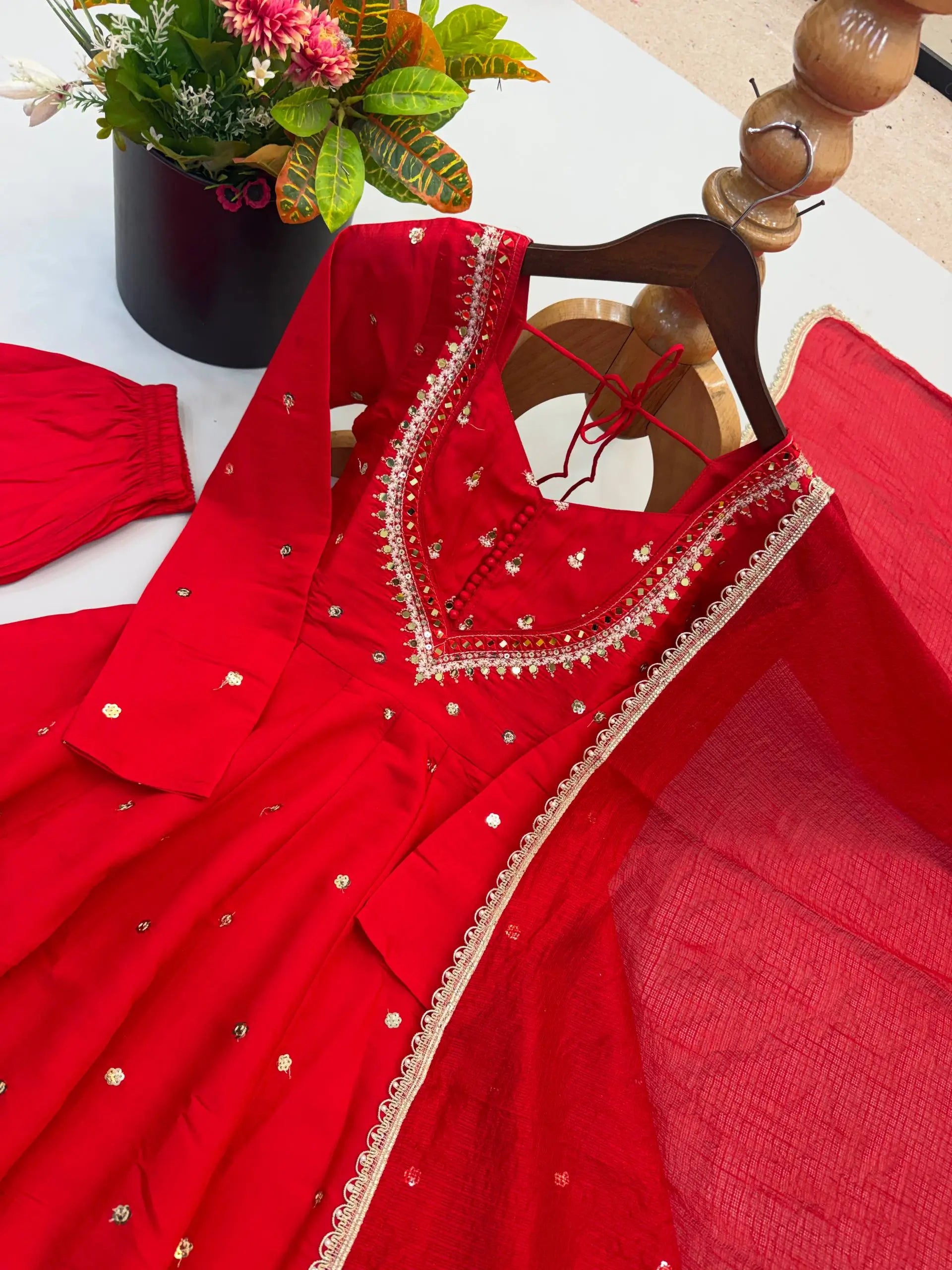 Roman Silk Anarkali Set with Mirror Work