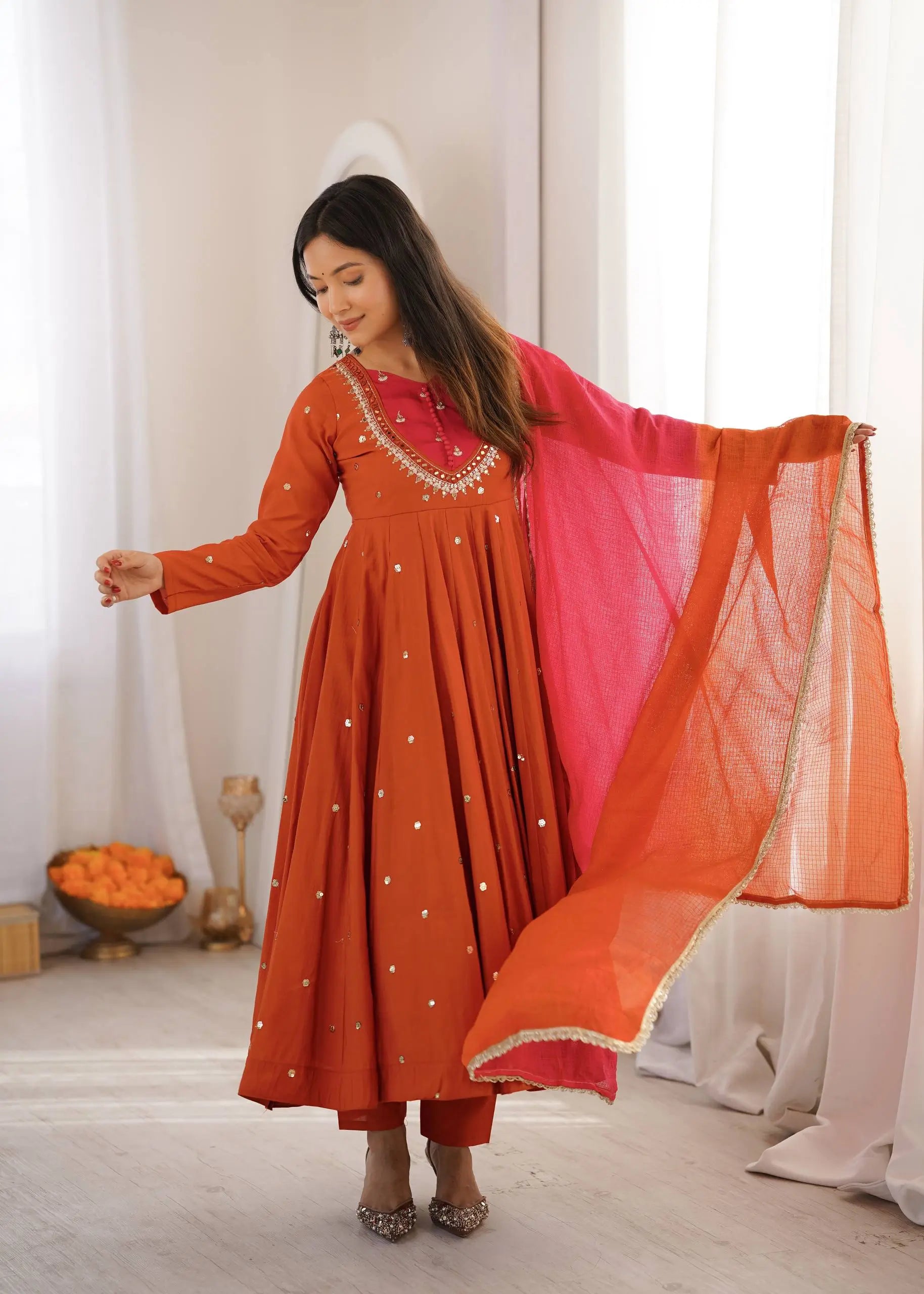 Roman Silk Anarkali Set with Mirror Work
