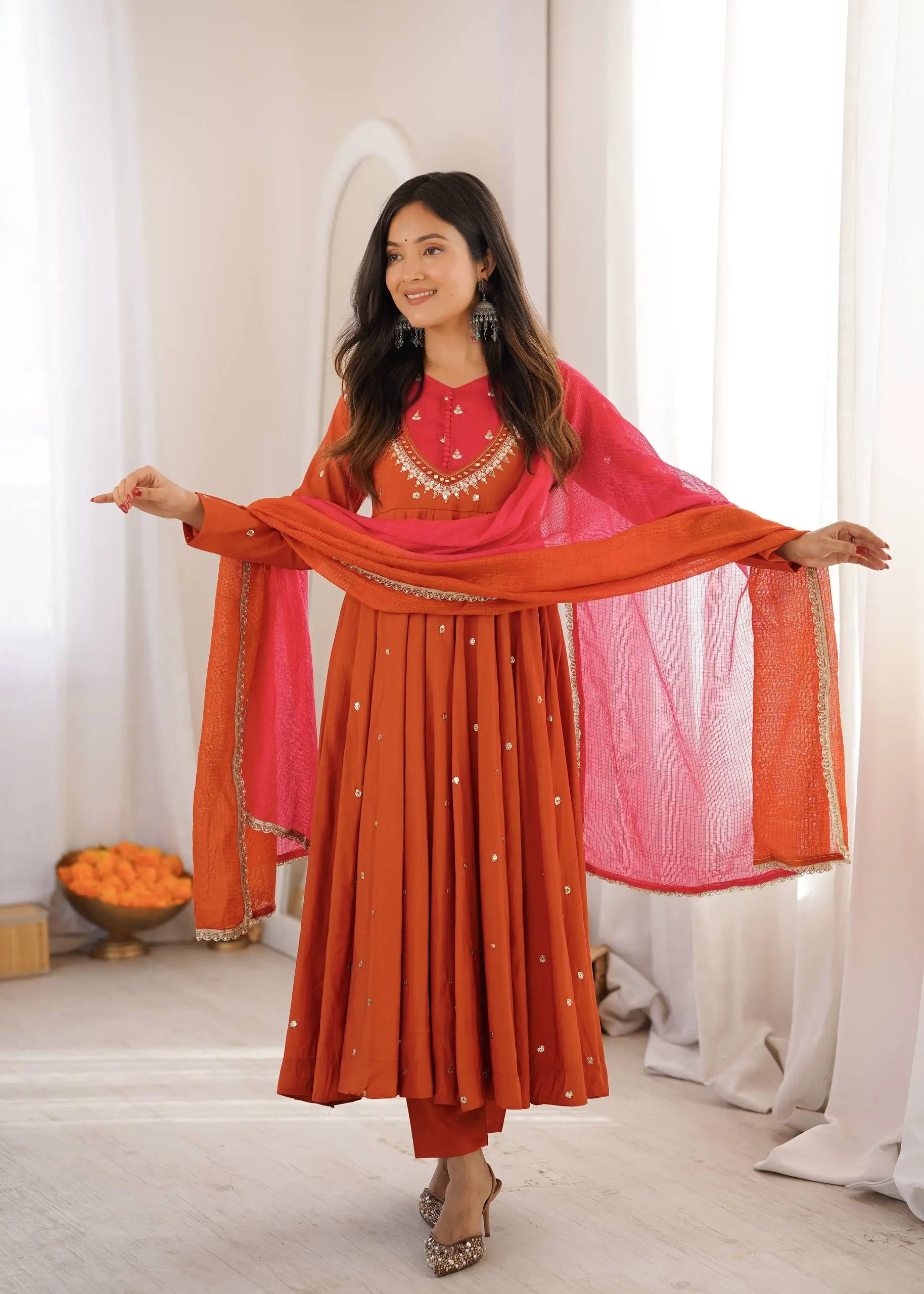 Roman Silk Anarkali Set with Mirror Work
