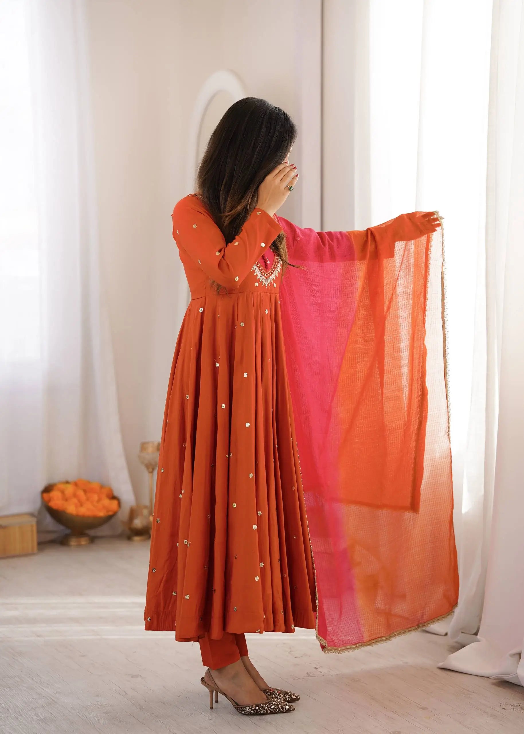 Roman Silk Anarkali Set with Mirror Work