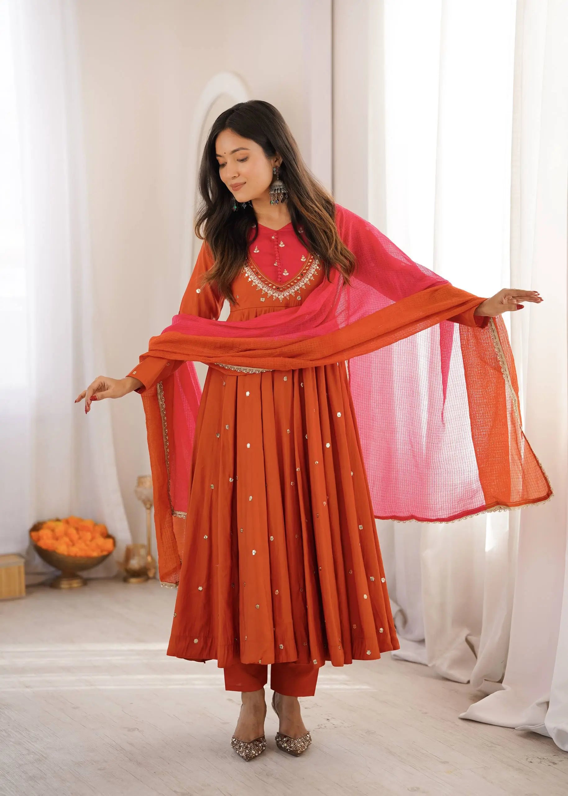 Roman Silk Anarkali Set with Mirror Work