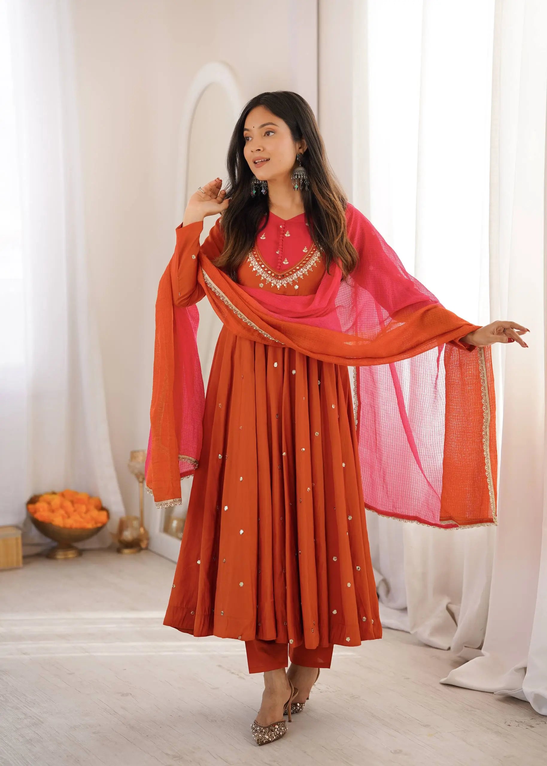 Roman Silk Anarkali Set with Mirror Work