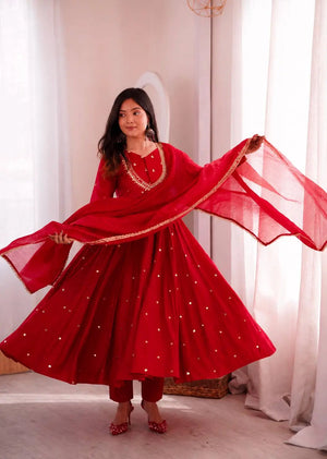 Roman Silk Anarkali Set with Mirror Work