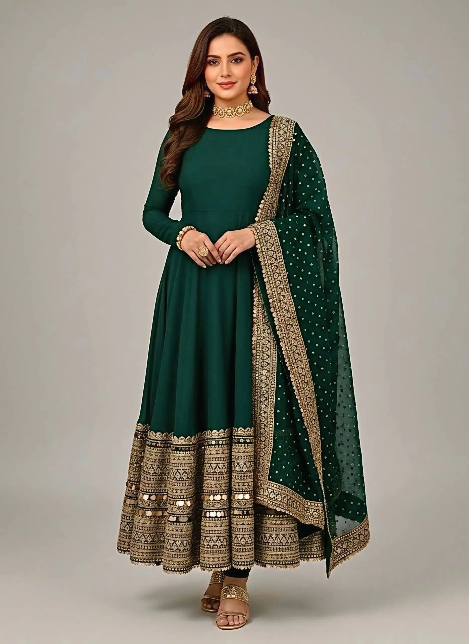 Roman Silk Embroidered Anarkali Gown Set