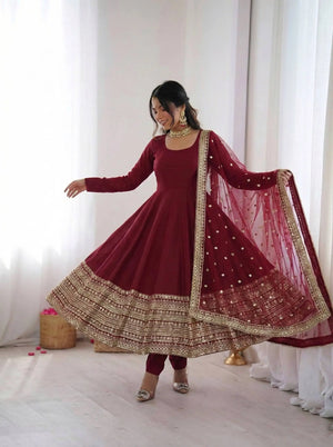 Roman Silk Embroidered Anarkali Gown Set