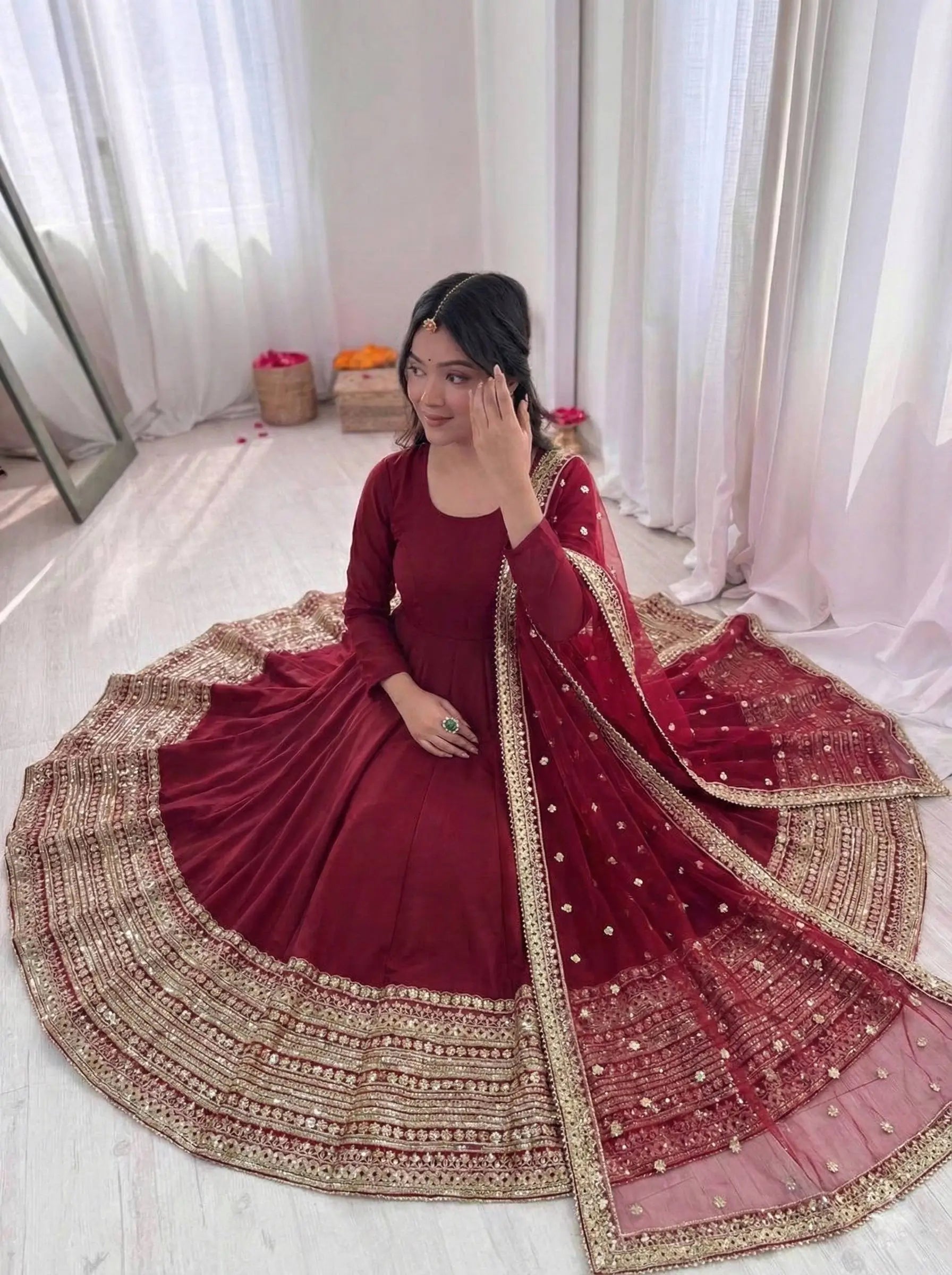 Roman Silk Embroidered Anarkali Gown Set