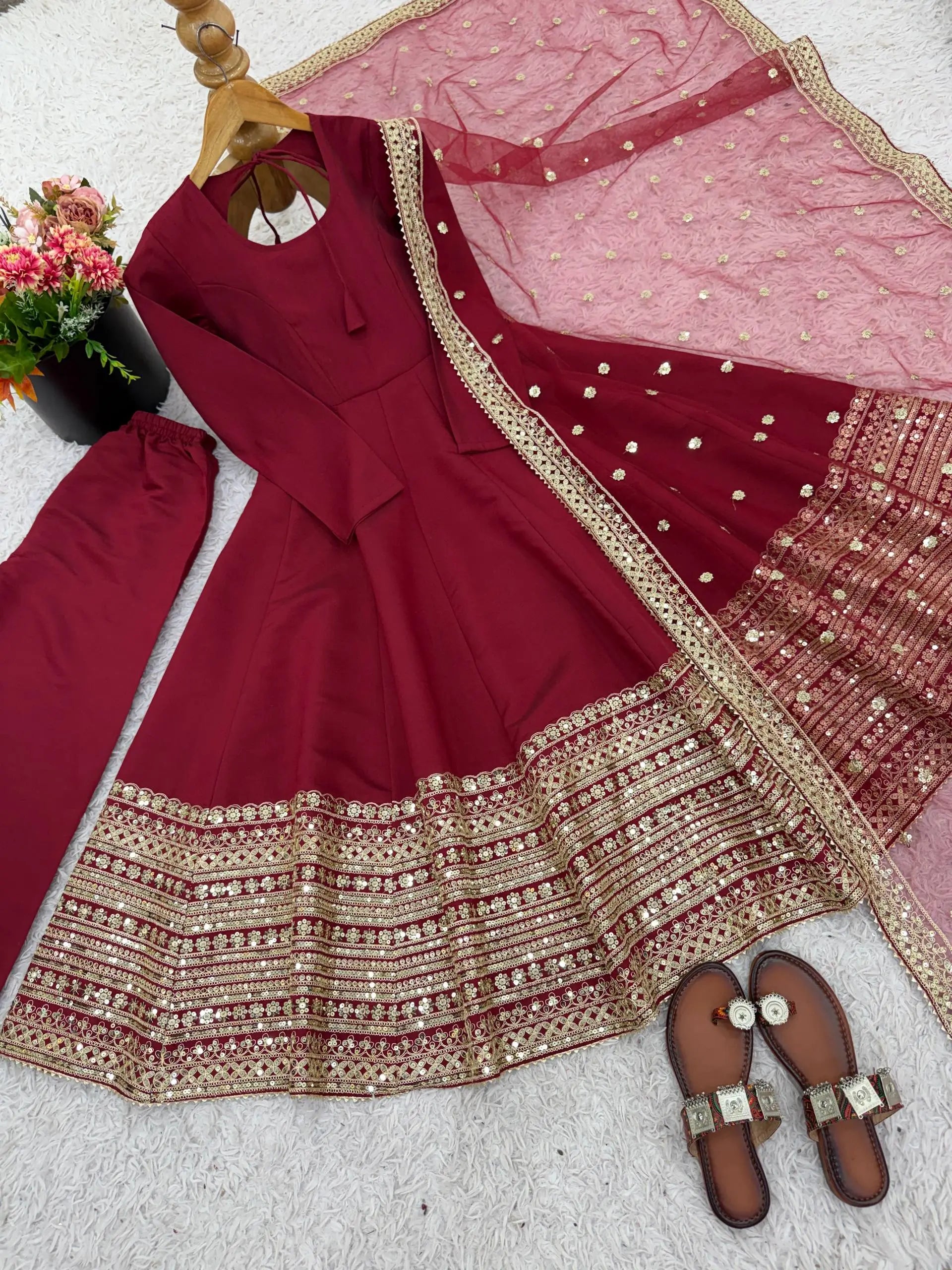 Roman Silk Embroidered Anarkali Gown Set