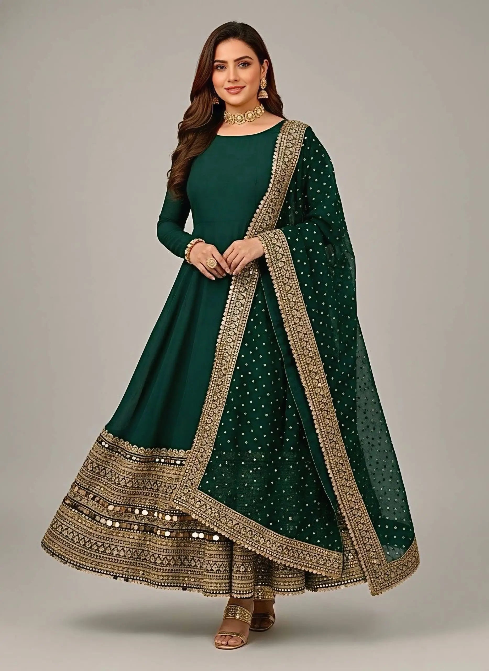 Roman Silk Embroidered Anarkali Gown Set