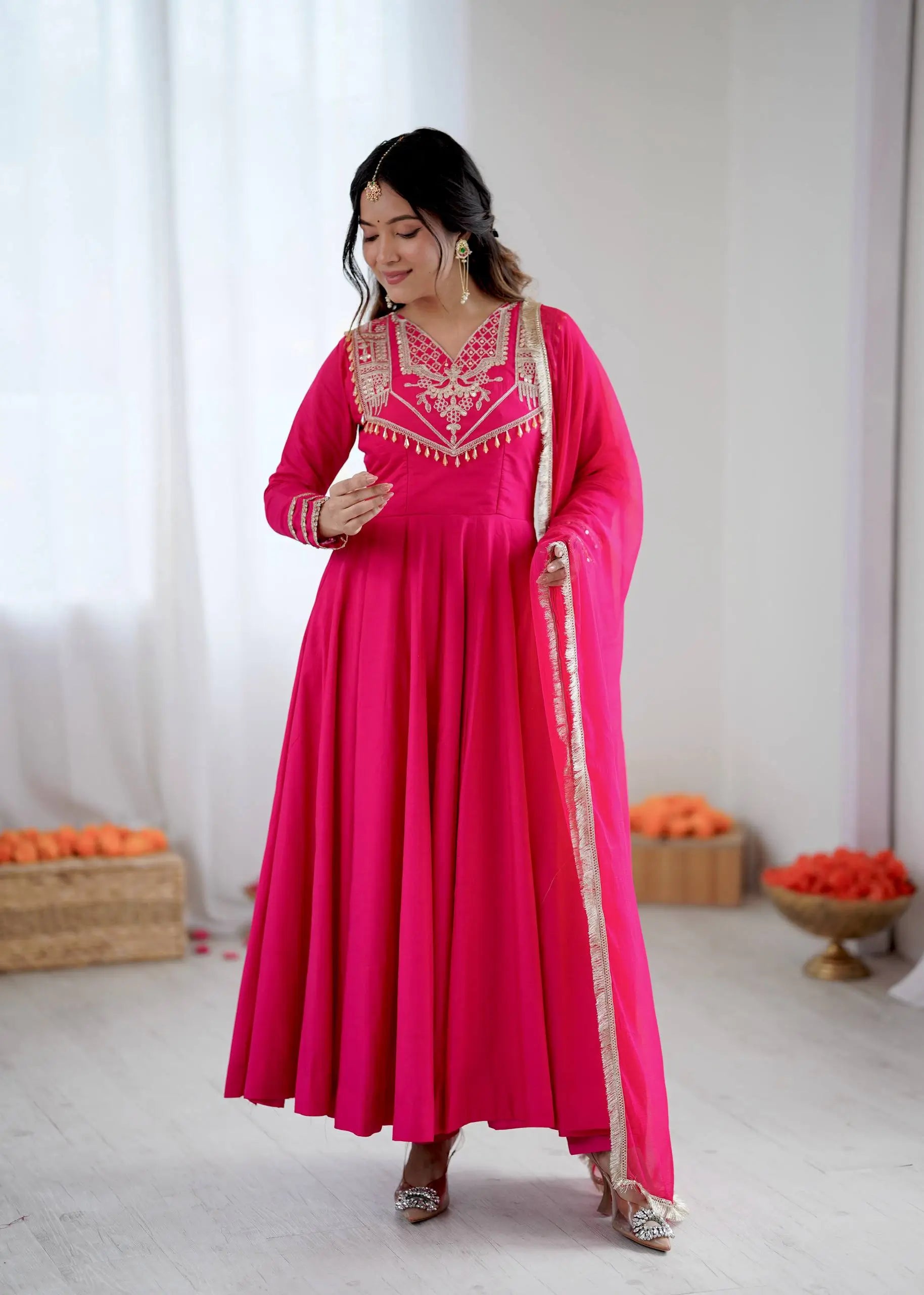 Roman Silk Embroidered Anarkali Set