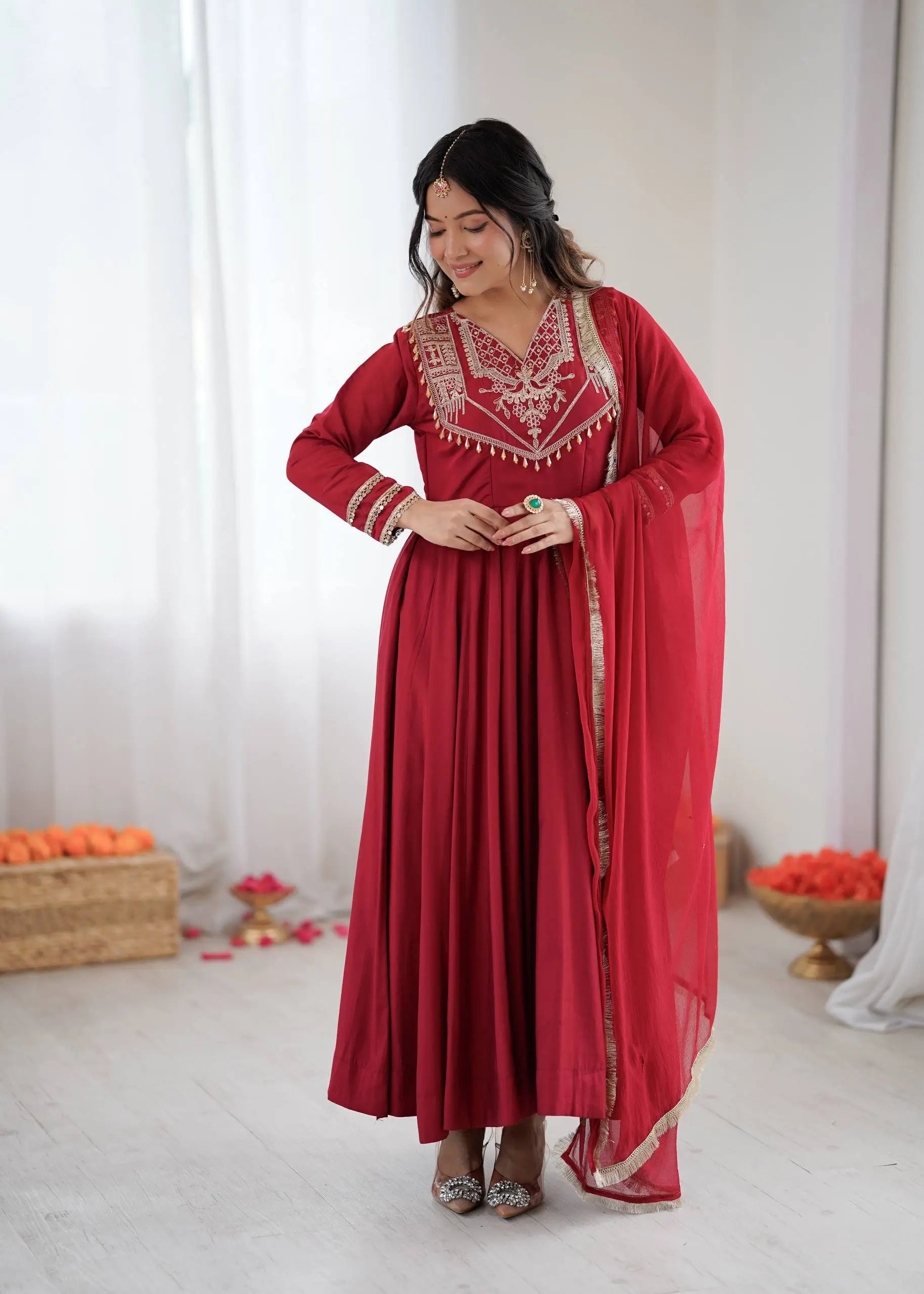 Roman Silk Embroidered Anarkali Set