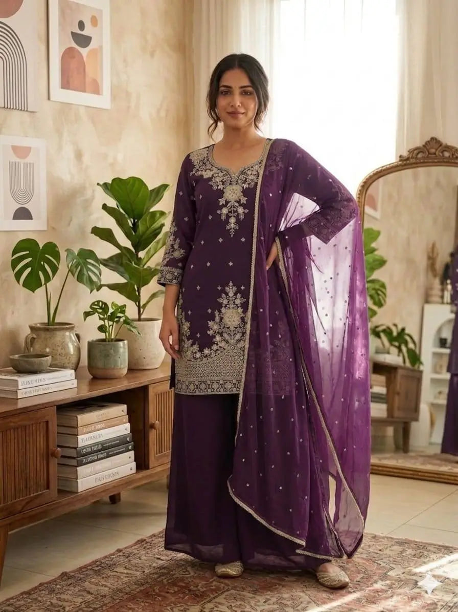 Roman Silk Embroidered Kurta Palazzo Set