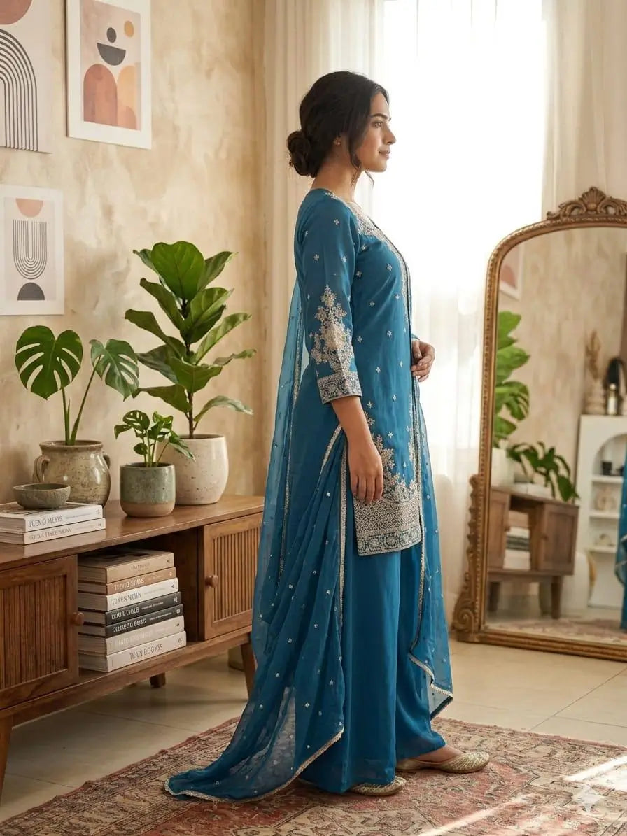 Roman Silk Embroidered Kurta Palazzo Set