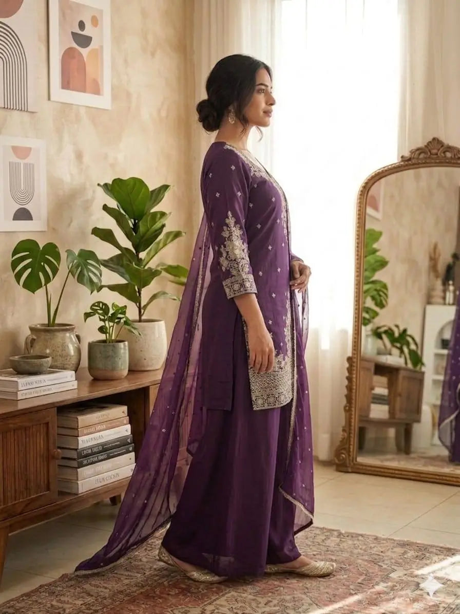 Roman Silk Embroidered Kurta Palazzo Set
