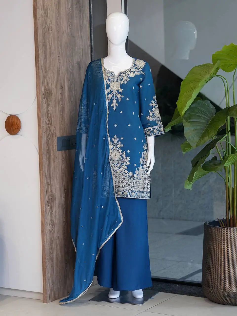 Roman Silk Embroidered Kurta Palazzo Set