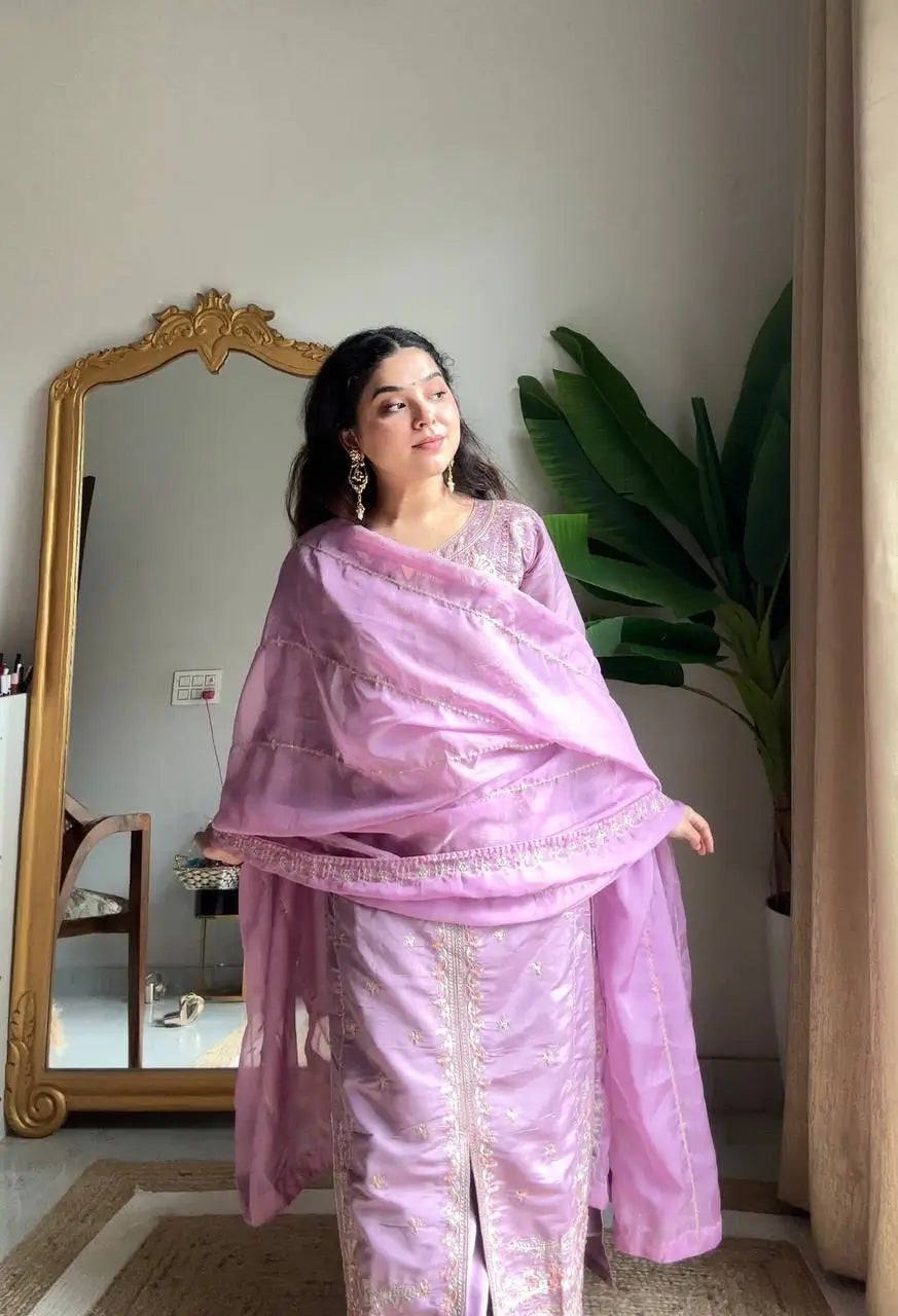 Roman Silk Embroidered Kurti Palazzo Set with Organza Dupatta for Festive and Wedding Wear