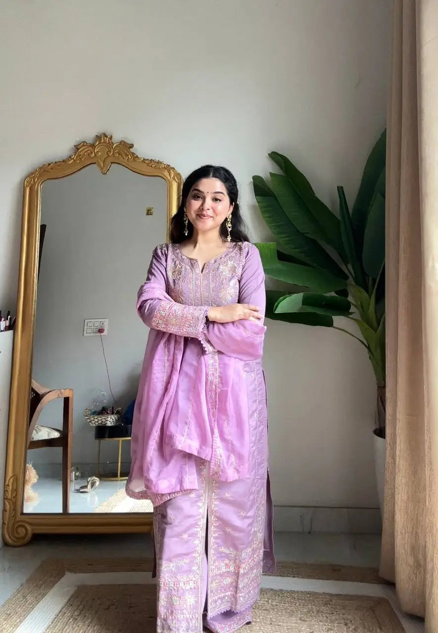 Roman Silk Embroidered Kurti Palazzo Set with Organza Dupatta for Festive and Wedding Wear