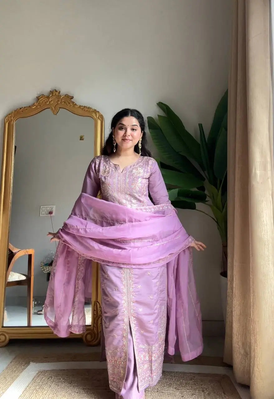 Roman Silk Embroidered Kurti Palazzo Set with Organza Dupatta for Festive and Wedding Wear