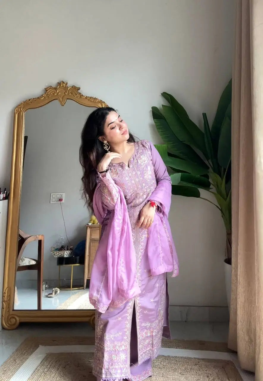 Roman Silk Embroidered Kurti Palazzo Set with Organza Dupatta for Festive and Wedding Wear