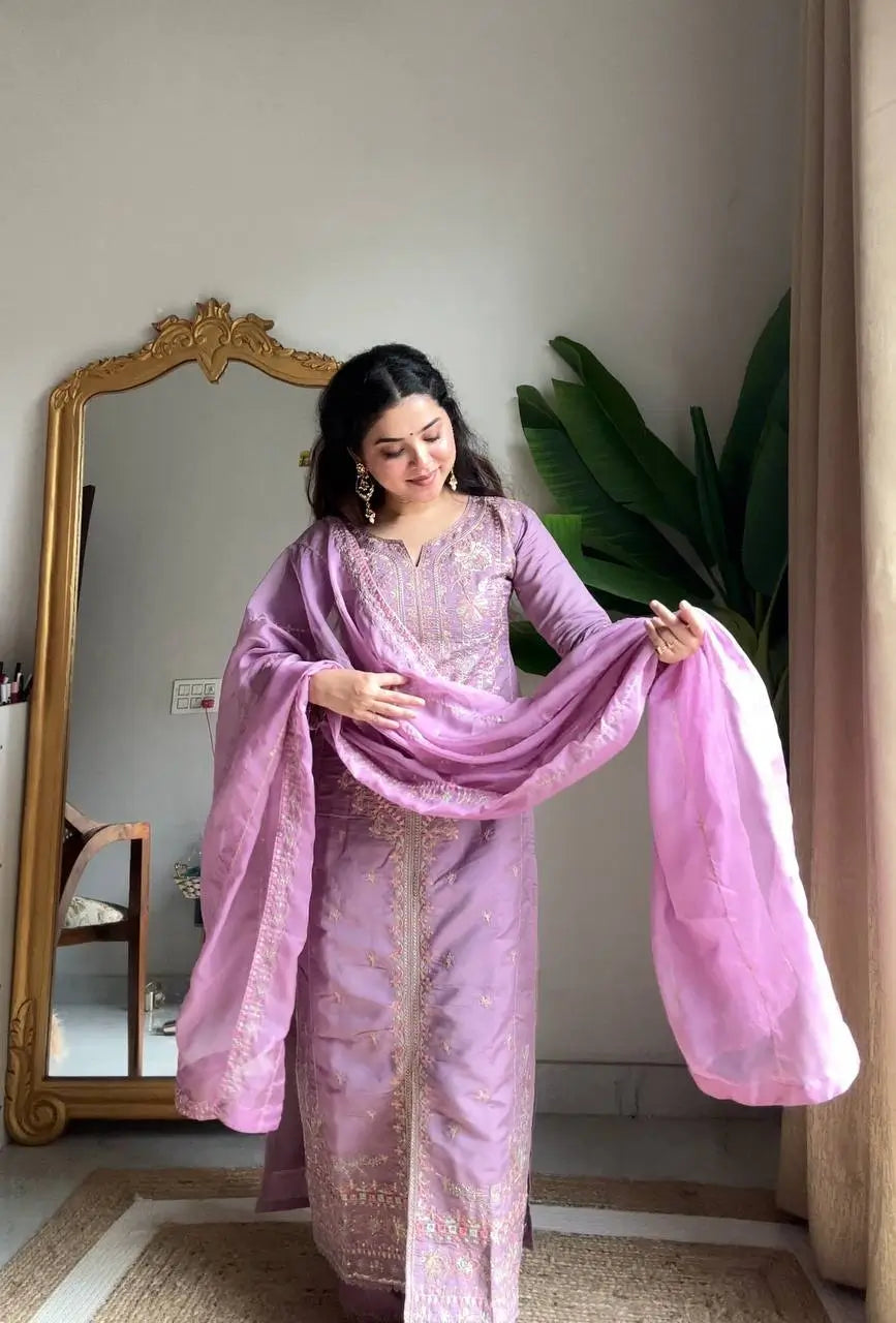 Roman Silk Embroidered Kurti Palazzo Set with Organza Dupatta for Festive and Wedding Wear