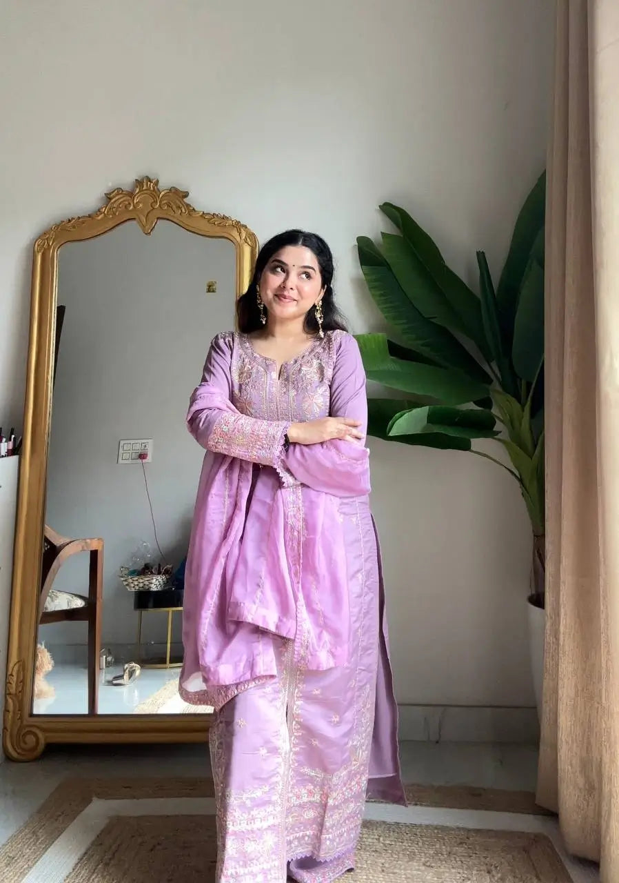 Roman Silk Embroidered Kurti Palazzo Set with Organza Dupatta for Festive and Wedding Wear