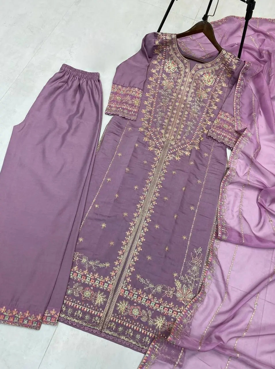 Roman Silk Embroidered Kurti Palazzo Set with Organza Dupatta for Festive and Wedding Wear